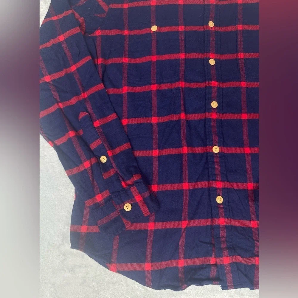 J Crew Mercantile Flannel Shirt Mens Med Long Sleeve Button Plaid Red‎ Navy New
